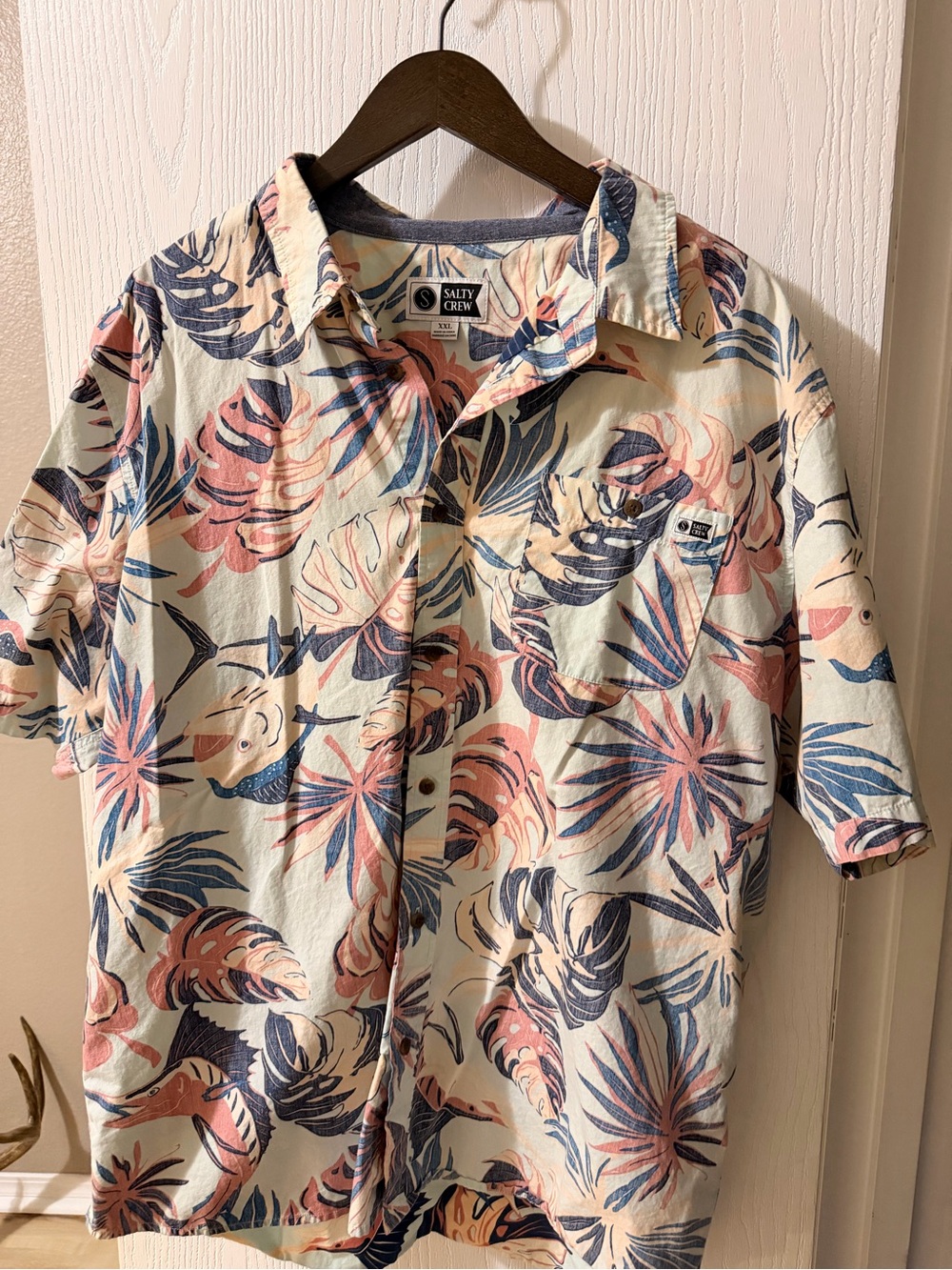 Salty Crew Cream Short-Sleeve Button-Down with Pink & Blue Tropical Print